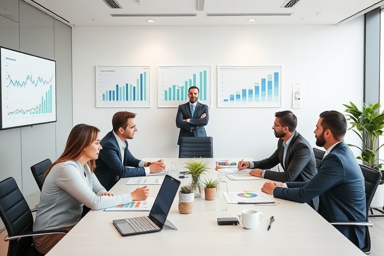 Reunião executiva com gráficos de desempenho financeiro