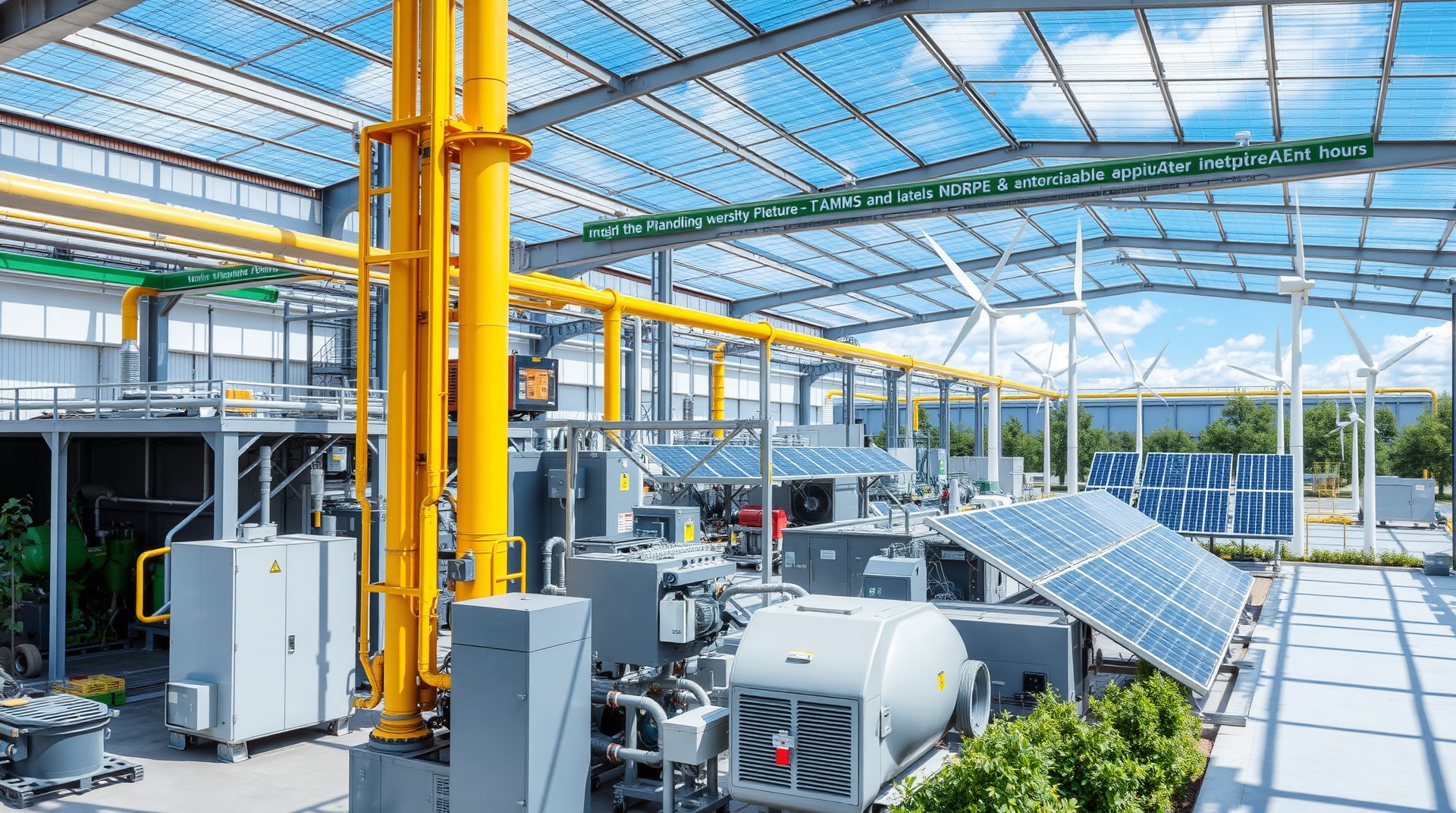 Planta industrial com painéis solares e aerogeradores